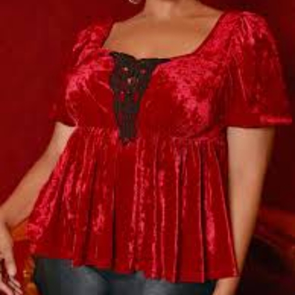 Shein Lace Insert Velvet Peplum Tee Size 2XL.Pit to pit approx: 21 inches Rig - Picture 1 of 8